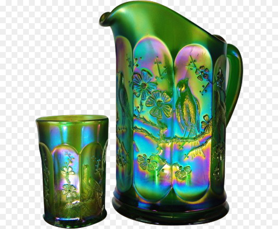 Northwood Singing Birds Emerald Green Water Pitcher Carnival Glass Aster Tumblers, Jar, Jug, Pottery, Vase Free Transparent Png