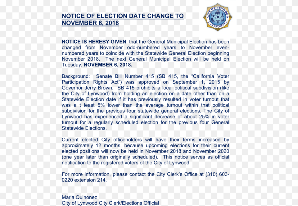 Notice Of Election Date Change City Of Lynwood, Text Png