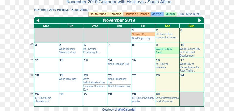 November 2019 Calendar With South Africa Holidays To Catholic Calendar November 2019, Text Png