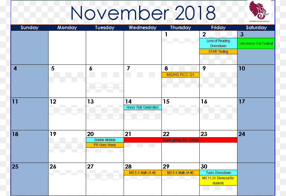 November Middle School, Text, Calendar Free Png Download