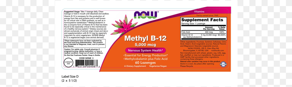 Now Foods Methyl B 12 5000 Mcg 60 Lozenges, Advertisement, Poster, Text, Paper Free Png Download