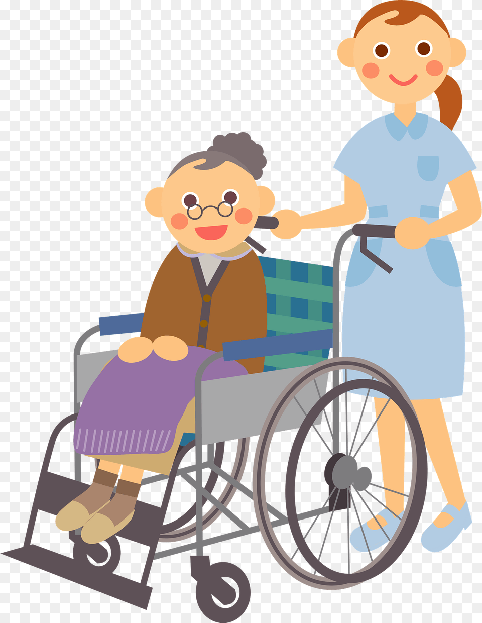 Nurse Is Pushing A Grandmother In Her Wheelchair Clipart, Furniture, Chair, Wheel, Machine Png