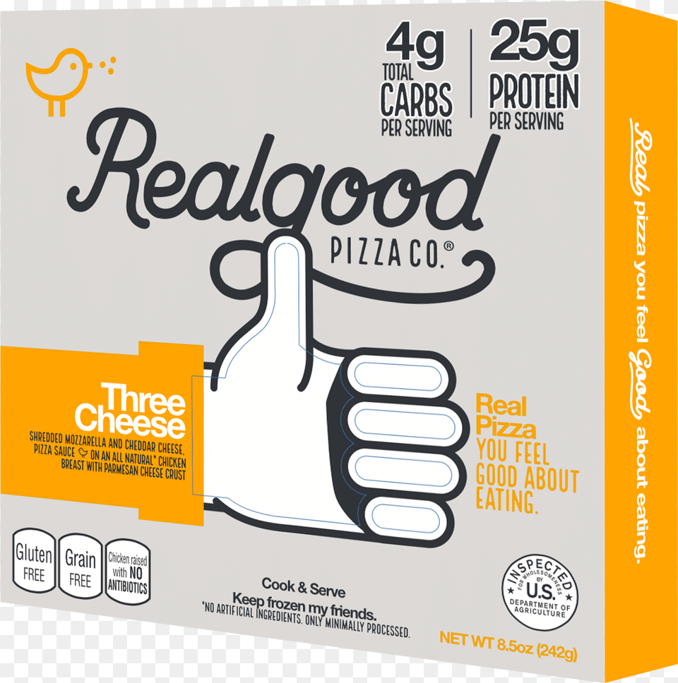 Nutritional Info Real Good Pizza Three Cheese, Advertisement, Body Part, Finger, Hand Free Transparent Png