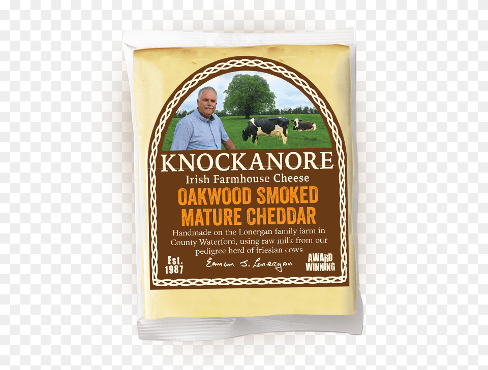 Oakwood Smoked Mature Cheddar Knockanore Irish Farmhouse Cheese, Advertisement, Adult, Male, Livestock Free Png
