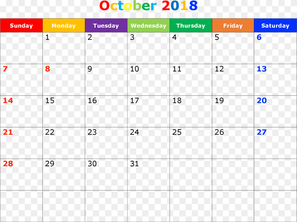 October Calendar 2018 Excel Pdf Word Template Calendar Free Png