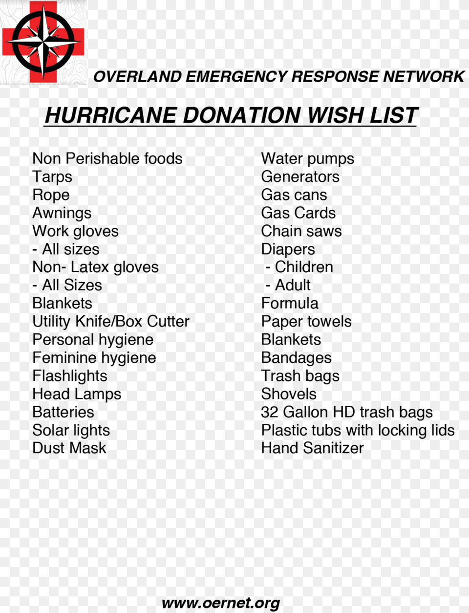 Oernet Hurricane Donation List Document Free Transparent Png