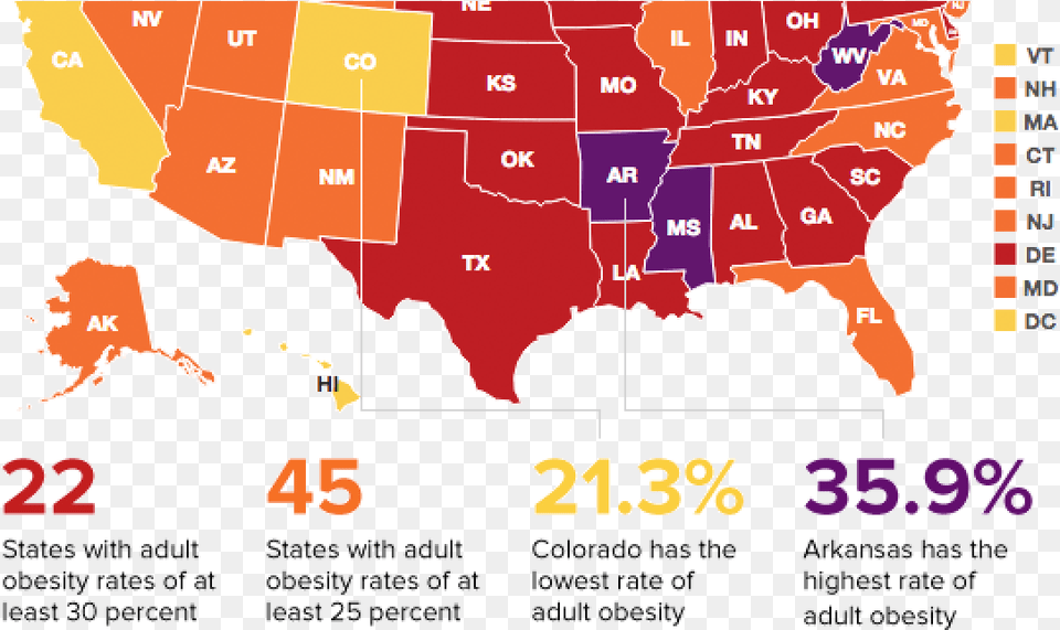 Of 25 States With Highest Rates Of Obesity Are In Adult Obesity Rate By State 2015, Chart, Plot, Map, Atlas Png Image