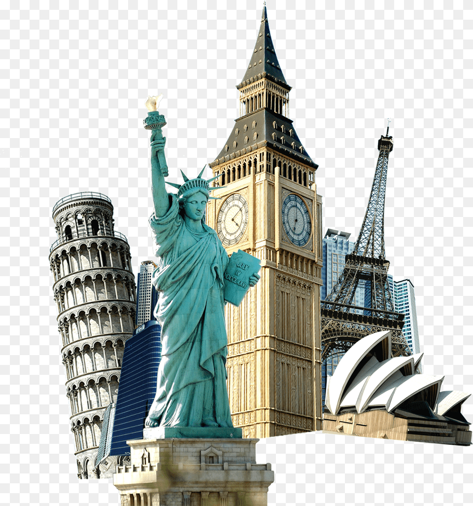 Of Travel Eiffel Liberty Buckle Statue World Clipart Eiffel Tower Big Ben, Architecture, Building, Clock Tower, City Png Image