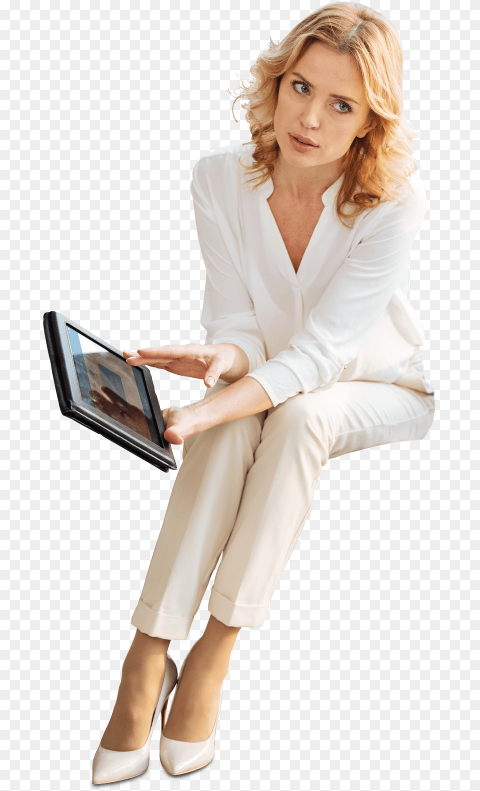 Office Businesswoman With Tablet Business Woman Sitting, Adult, Shoe, Person, Footwear Png