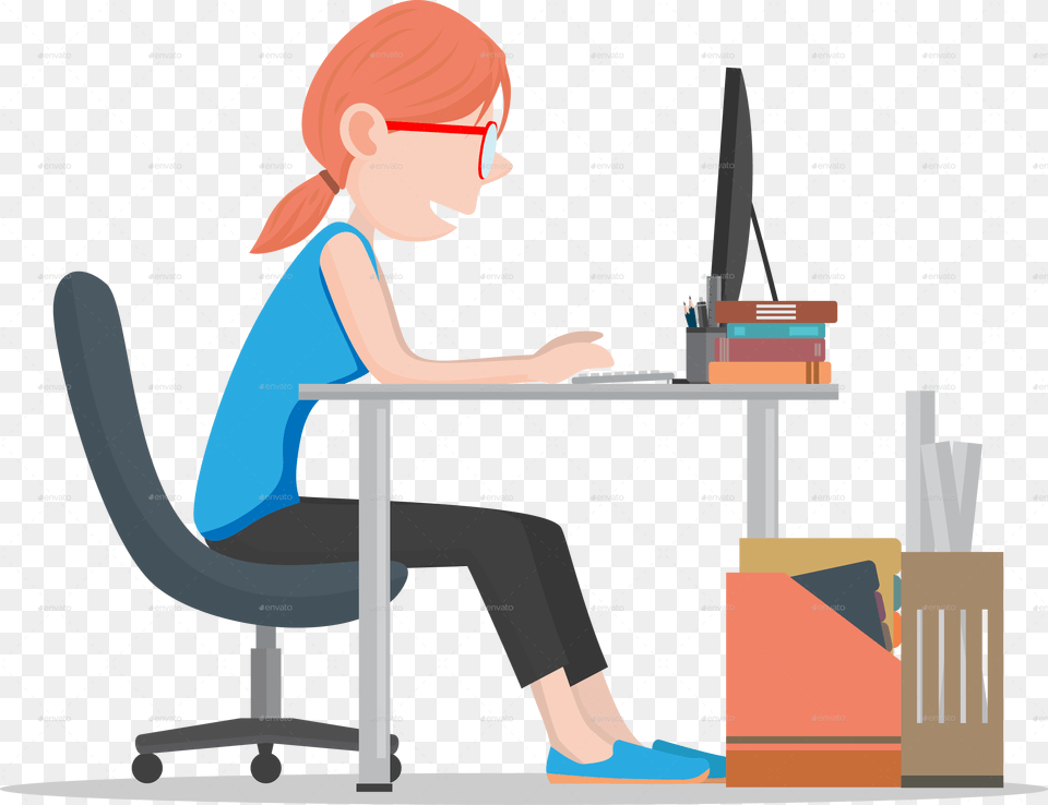Office Clipart Office Desk Computer Desk, Sitting, Person, Adult, Woman Free Png Download