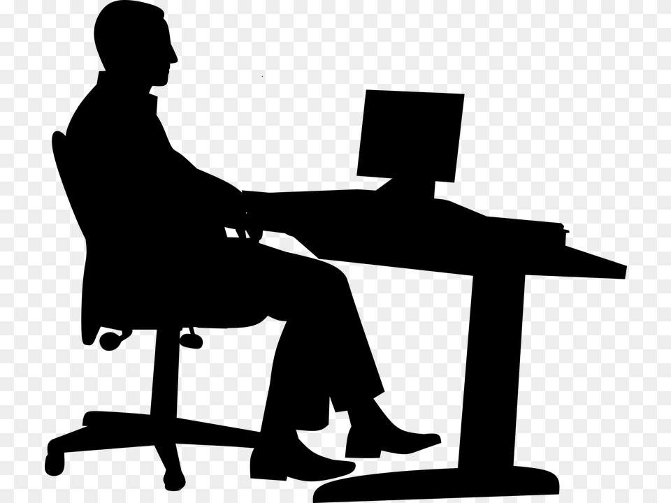 Office Man Desk Computer Business Chair Desktop Office Silhouette, Gray Free Transparent Png
