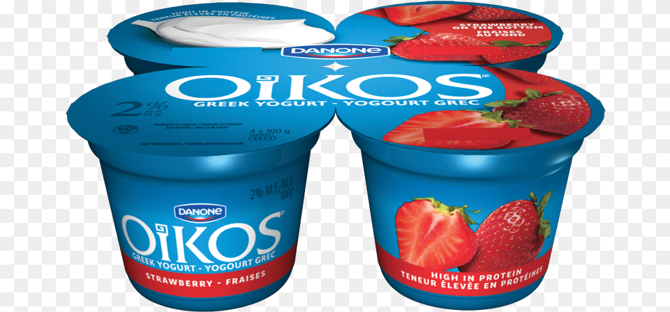 Oikos Strawberry Yogurt Strawberry, Dessert, Food, Produce, Plant Free Png Download
