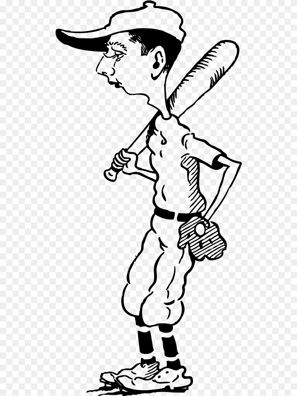 Old Baseball Player Cartoon Black And White, Gray Free Transparent Png