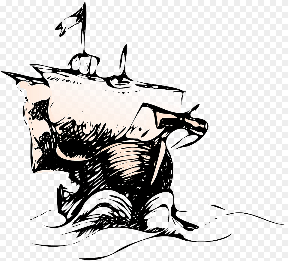 Old Cartoon Ship In A Storm, Art, Drawing, Animal, Fish Png Image