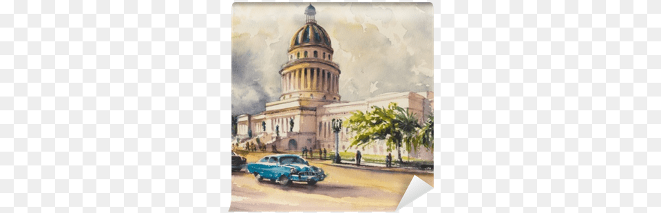 Old Classic American Cars Rides In Front Of The Capitol Akwarele Z Hawany, Art, Painting, City, Architecture Free Transparent Png