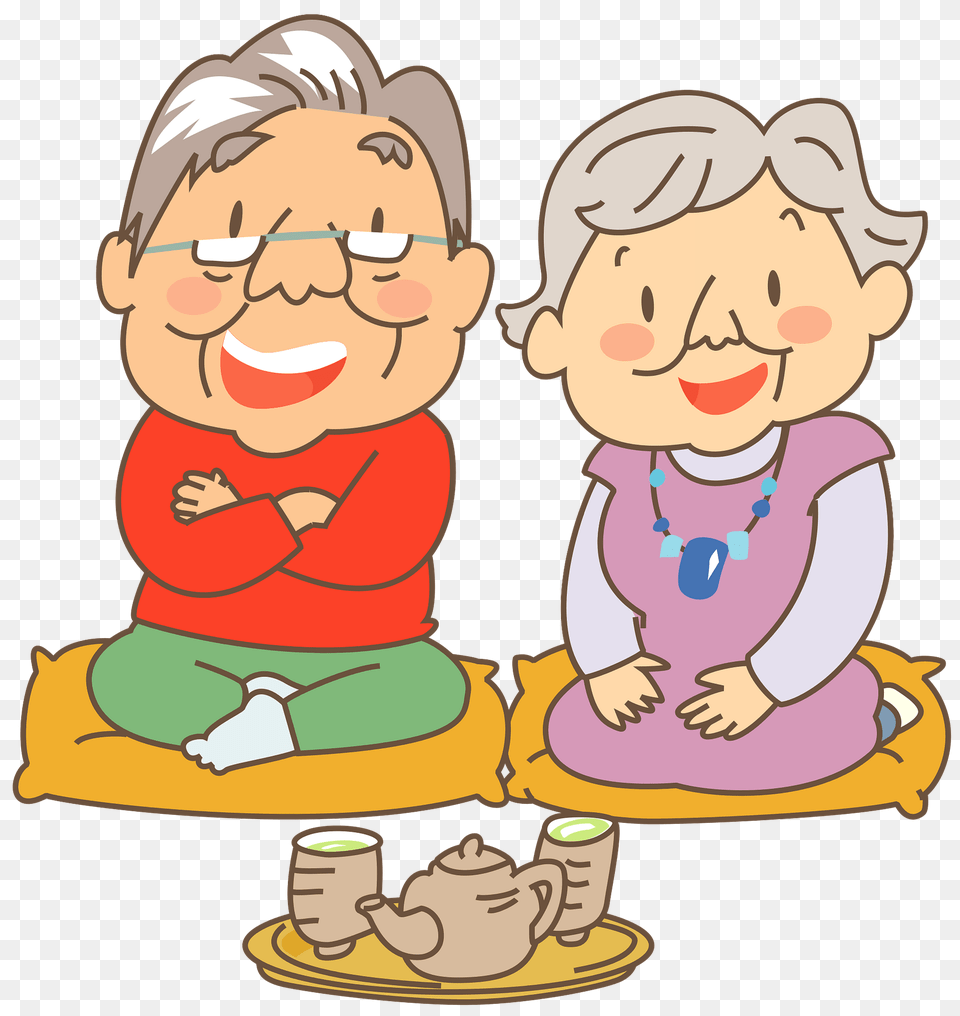 Old Couple Is Drinking Green Tea Clipart, Baby, Person, Cartoon, Face Png Image
