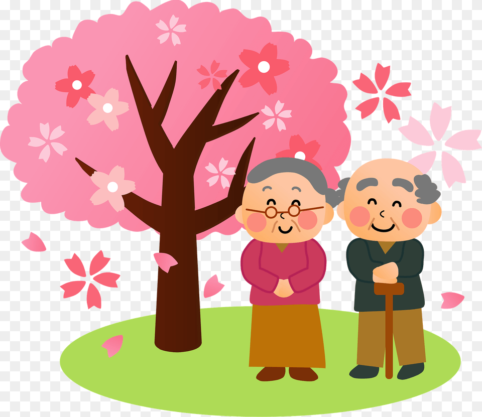 Old Couple Standing Under The Cherry Blossoms Clipart, Art, Flower, Graphics, Plant Png