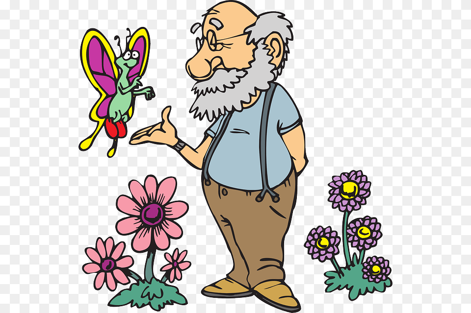 Old Man Flowers Cartoon Butterfly Beard Flower Nice Old Man Cartoon, Art, Person, Graphics, Baby Png Image