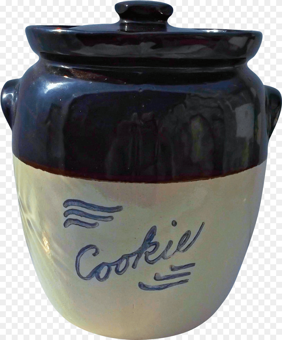 Old Pottery Stoneware Cookie Jar Brown Tan Cobalt Vintage Earthenware, Urn, Art, Porcelain, Cookware Free Transparent Png