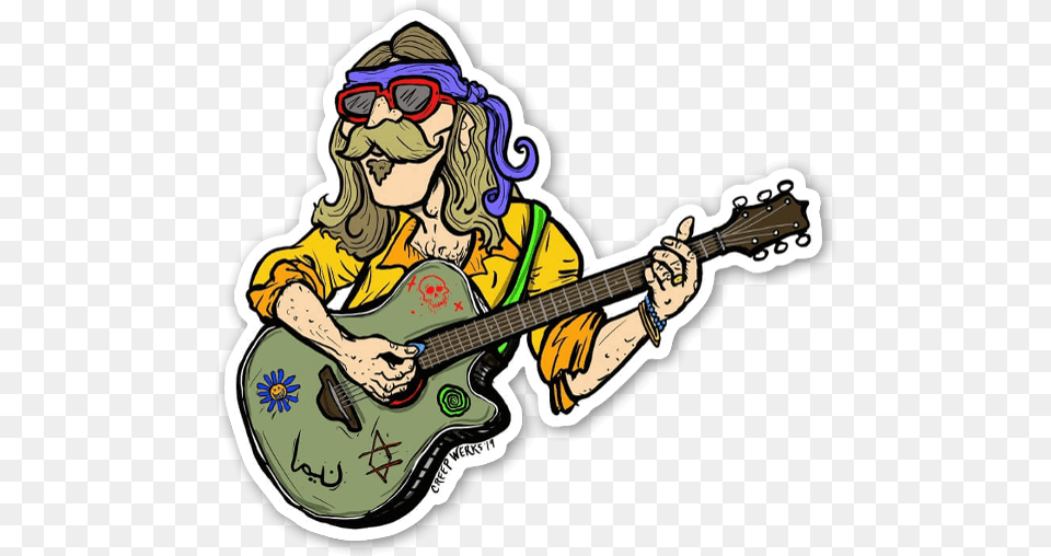 Old School Classic Rocker Sticker Illustration, Guitar, Musical Instrument, Person, Performer Free Transparent Png