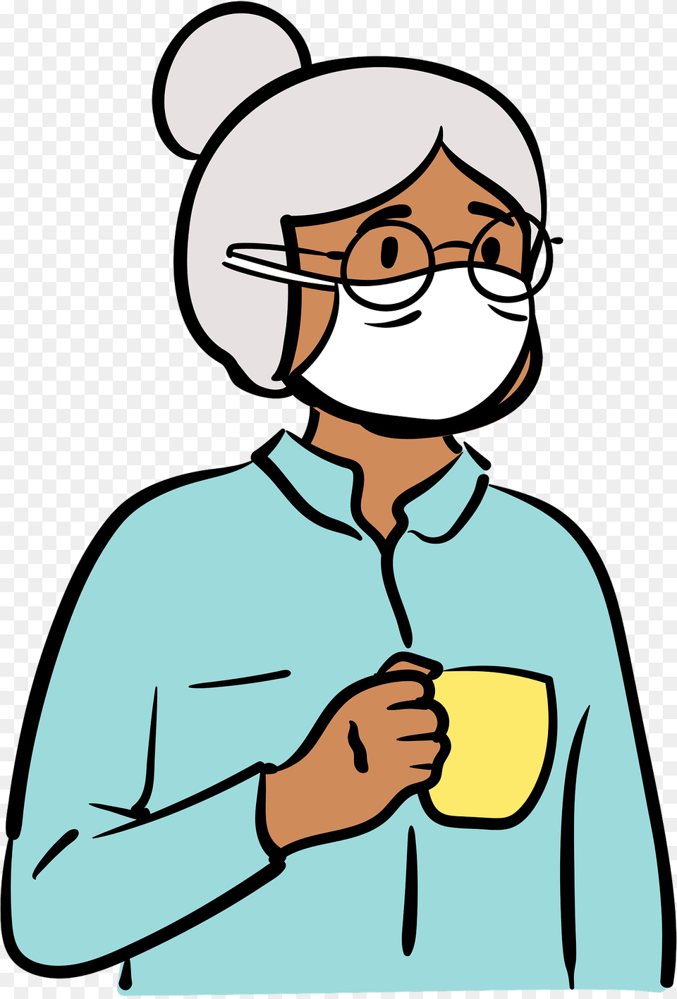 Old Woman With A Coffee Cup Wearing Face Mask Clipart, Person, Head, Cleaning, Art Free Png