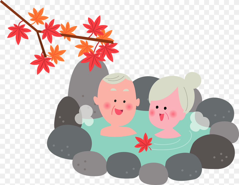 Older Couple Are Relaxing In A Hot Spring Clipart, Leaf, Plant, Person, Tree Free Transparent Png