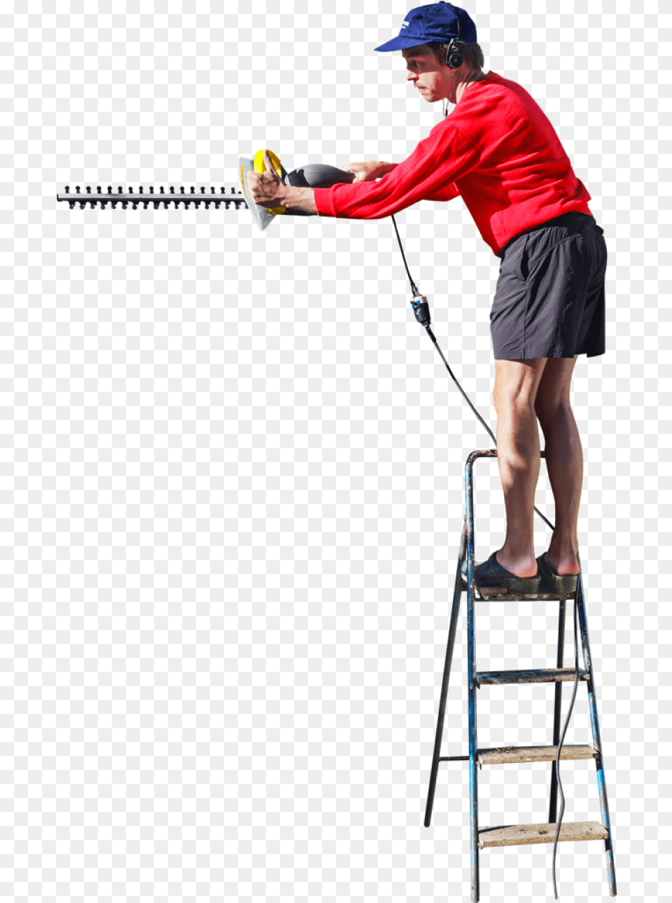On A Ladder Cutting The Hedge Image People Ladder, Shorts, Clothing, Person, Man Free Transparent Png