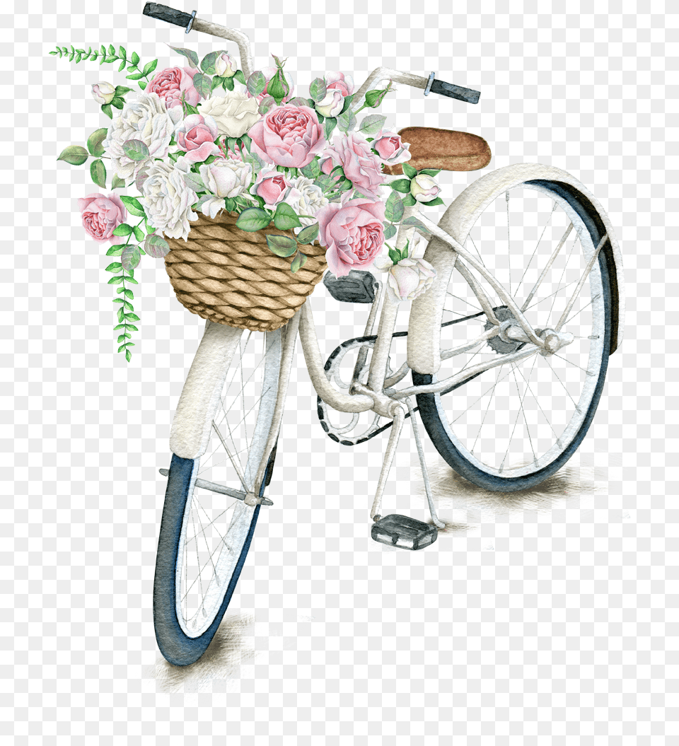 On Bicycle Light Napkin Daily Pillow T Shirt Bicycle With Flower Basket Drawing, Flower Arrangement, Flower Bouquet, Plant, Wheel Png Image