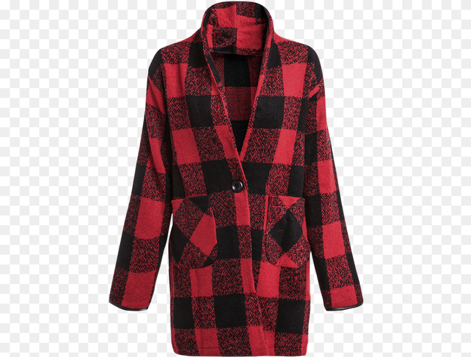 One Button Plaid Big Pocket Wool Coat Moda De Color Rojo Y Negro, Blazer, Clothing, Jacket, Shirt Free Transparent Png