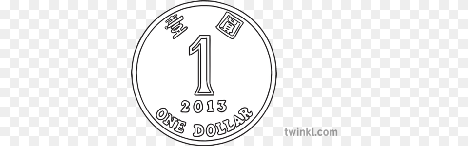 One Dollar Hong Kong Coin Currency Money Ks1 Black And White Rgb Hk Dollar Black And White, Disk, Number, Symbol, Text Png