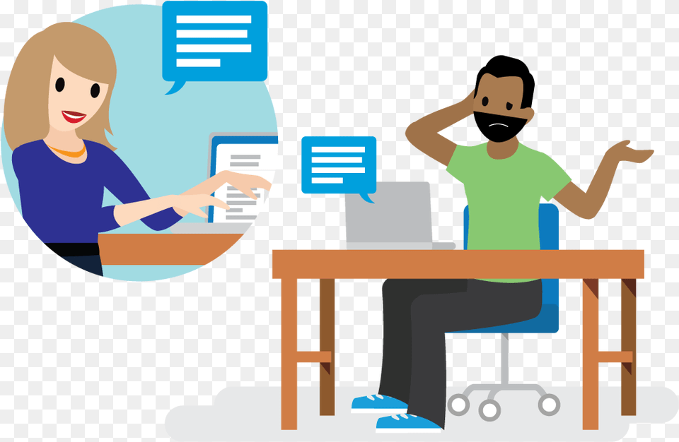One Employee Cheerfully Finishing Up A Project Cartoon, Adult, Table, Person, Furniture Png Image