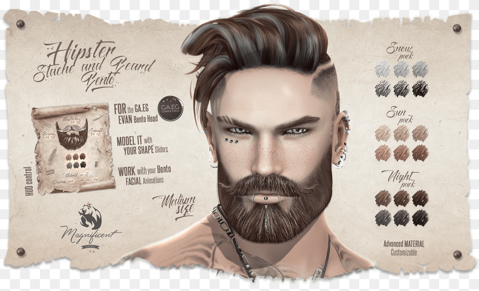 Only For The Ga Second Life Bento Beard, Face, Head, Person, Adult Png