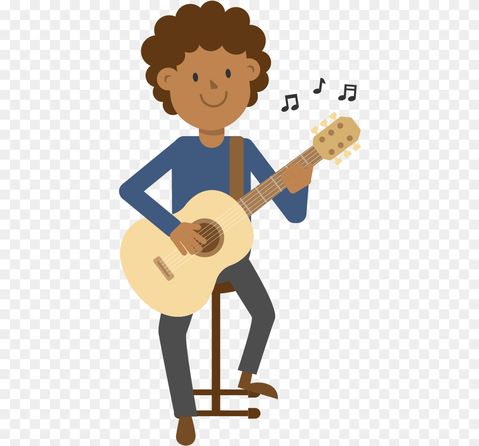 Open Cartoon Man Sitting Playing Guitar, Musical Instrument, Person, Face, Head Png