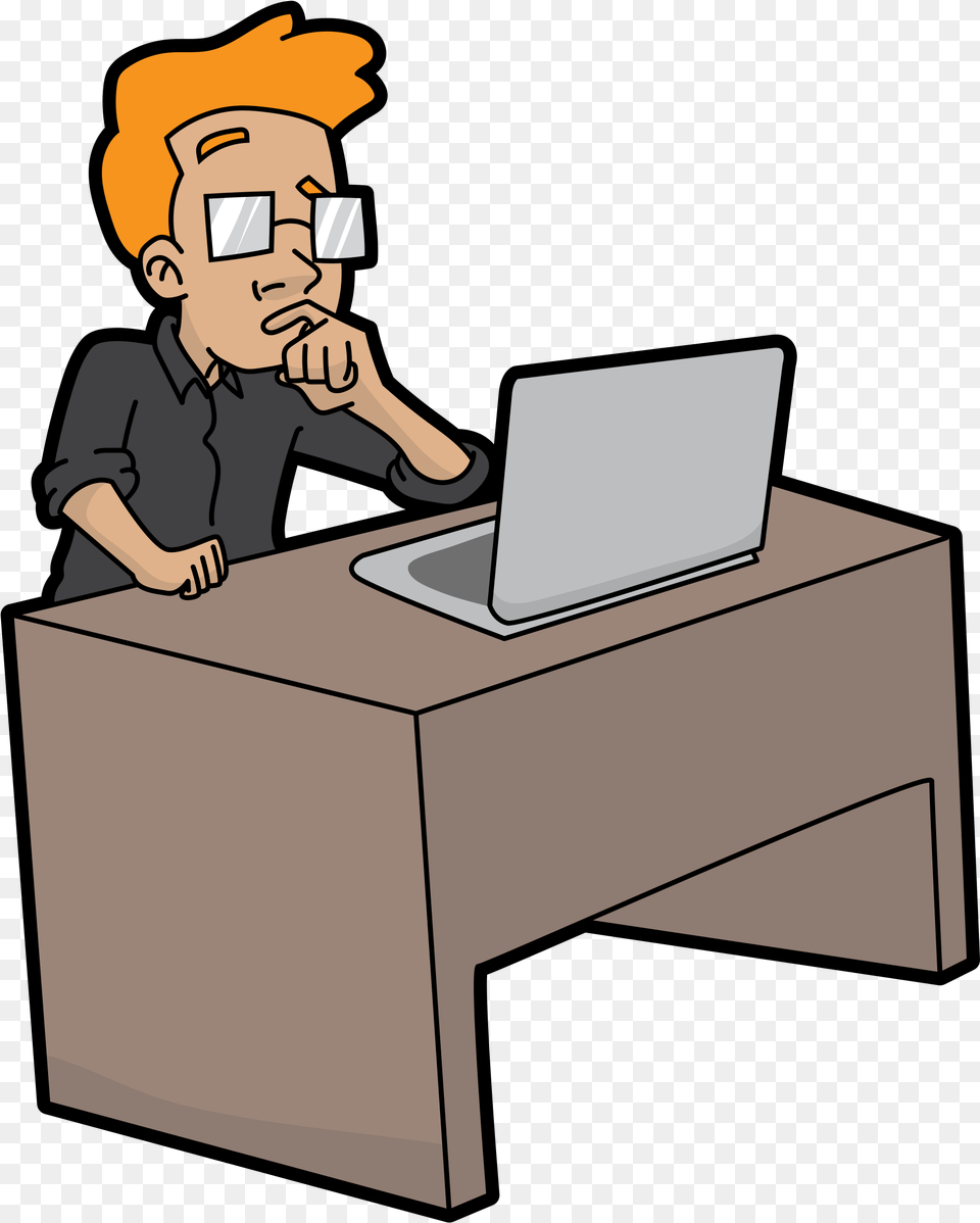 Open Guy On Computer Cartoon, Table, Pc, Laptop, Furniture Free Png