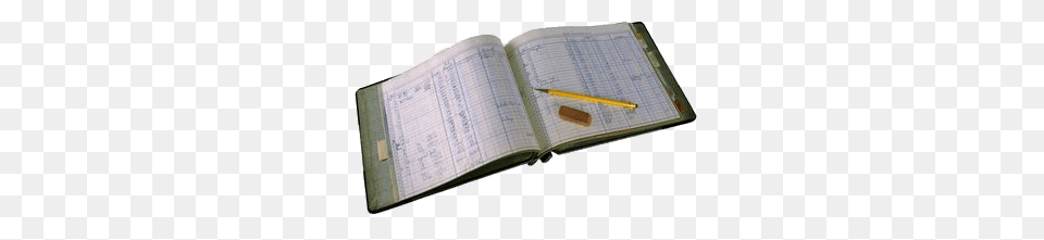 Open Ledger With Pencil And Eraser, Book, Publication, Diary, Pen Png Image