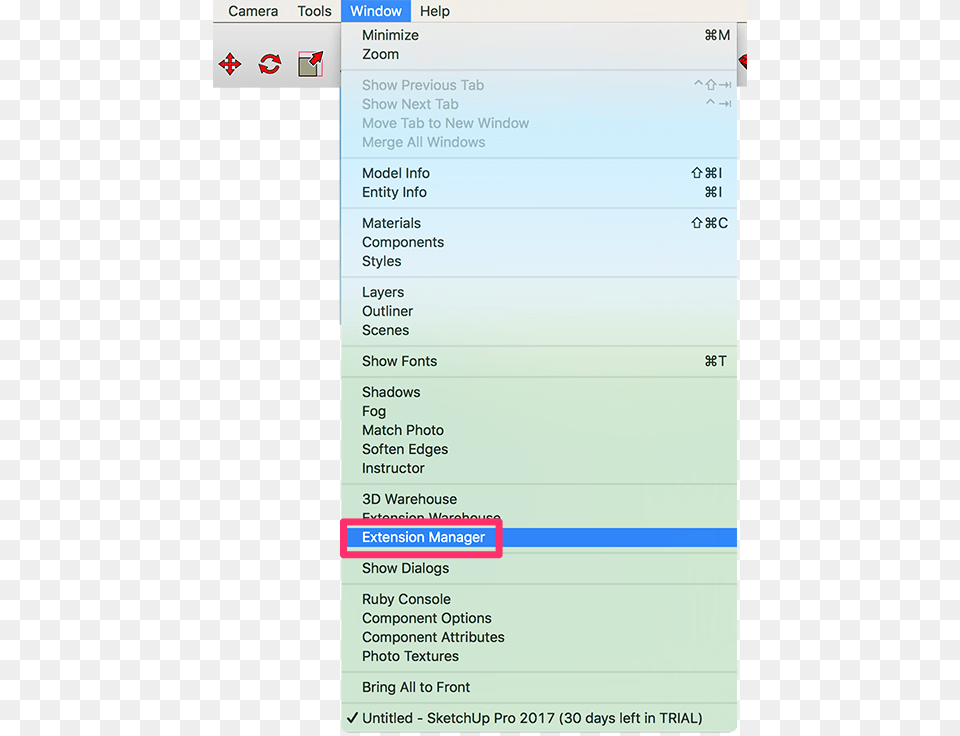 Open The Window Menu From The Sketchup Top Menu Bar Extension Manager Sketchup 2015, Page, Text Free Png Download