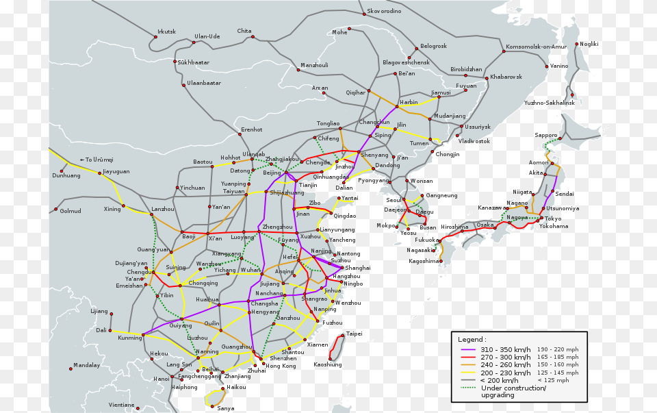 Operational High Speed Lines In East Asia High Speed Trains In Asia, Chart, Map, Plot, Atlas Png
