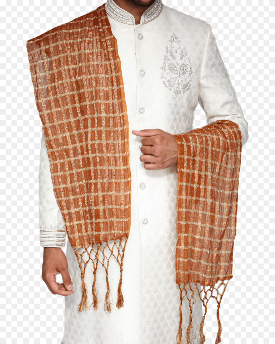 Orange And Gold Check Pattern Sherwani Scarf Stole, Clothing, Adult, Male, Man Free Png