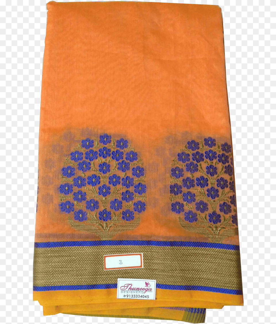 Orange Colored Cotten Silk Saree With Contrast Blue Leather, Pattern, Embroidery, Book, Publication Png