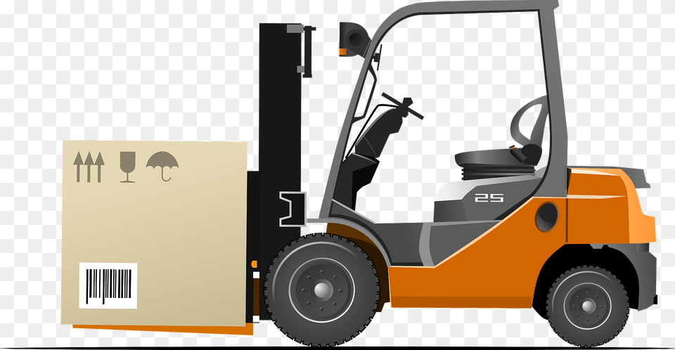 Orange Forklift Loader With Box Clipart, Machine, Bulldozer, Device, Grass Png