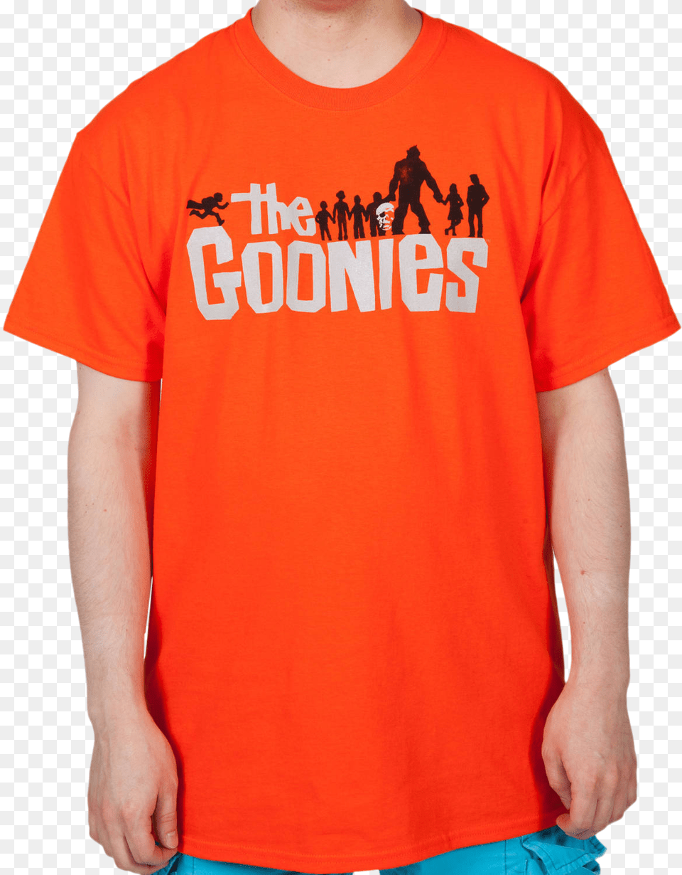 Orange Goonies T Shirt Goonies Movie Logo, Clothing, T-shirt, Person Free Png