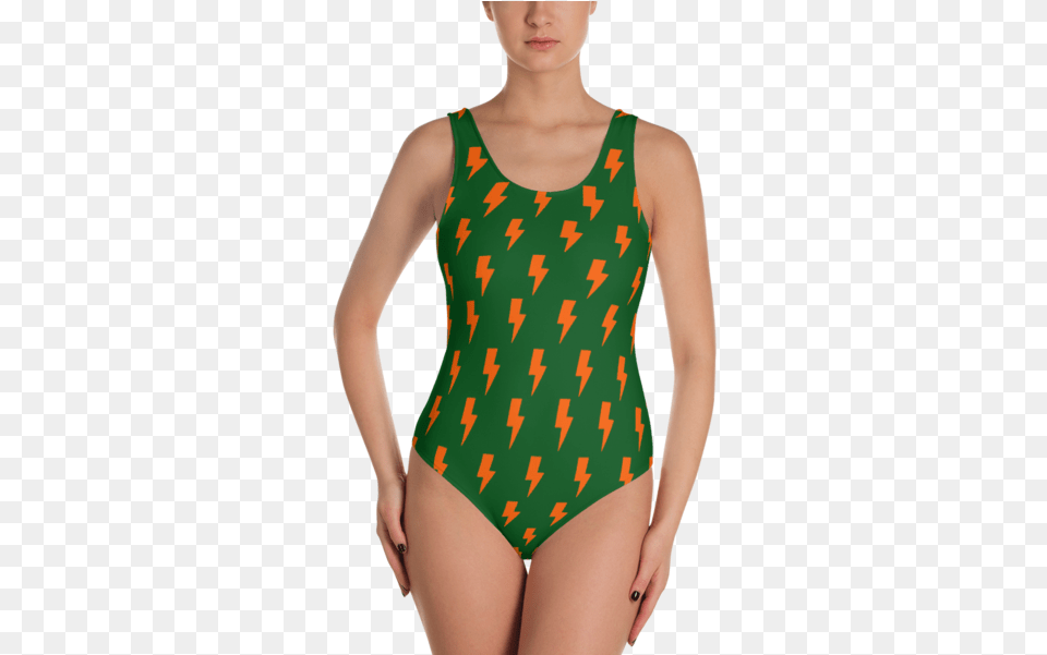 Orange Lightning Bolts On Green One Piece Blondes Do It Better Swimsuit, Adult, Bikini, Clothing, Female Png Image