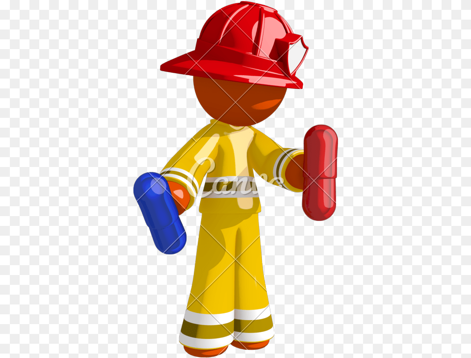 Orange Man Firefighter Blue Cartoon, Clothing, Coat, Hardhat, Helmet Png Image