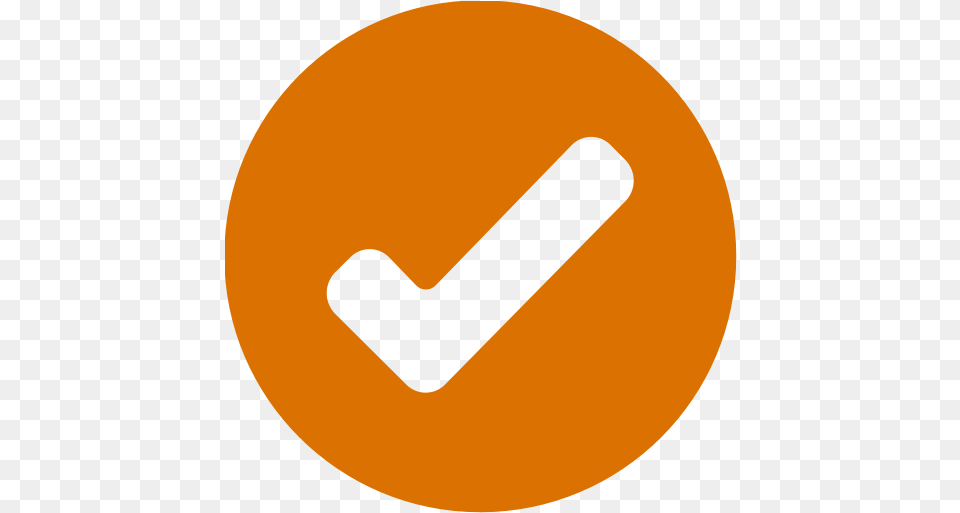 Orange Round Check Mark Icon Check Orange, Sign, Symbol, Road Sign, Disk Free Png