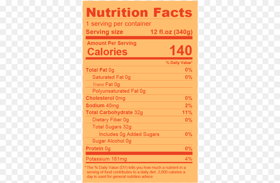 Orange Vanilla Label Nutrition Facts, Text, Menu, Paper Free Png