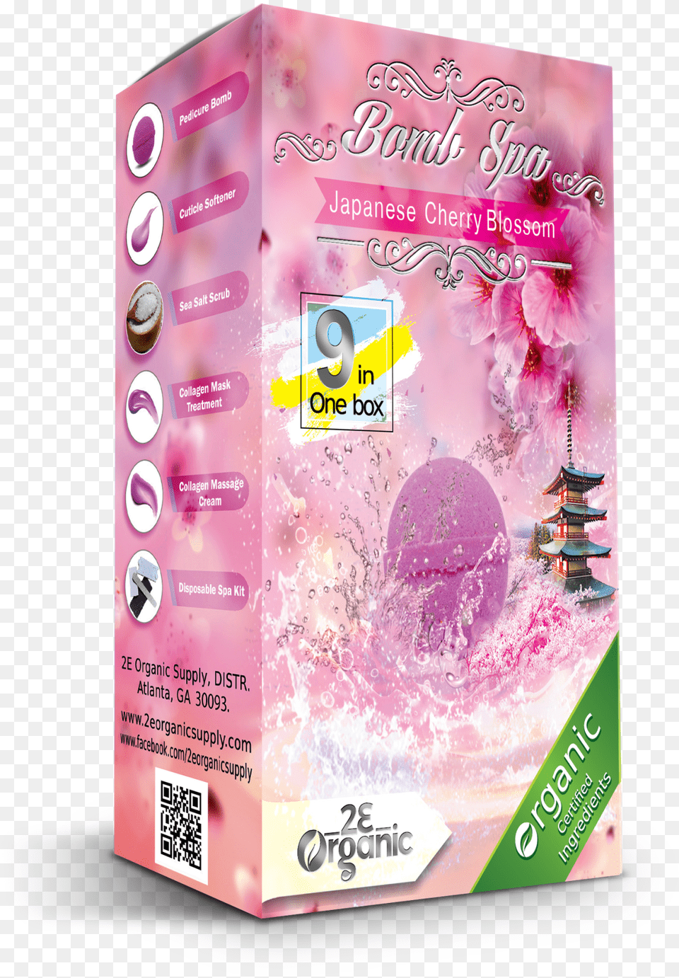 Organic 9 In 1 Bomb Spa Japanese Cherry Blossom Single Packaging And Labeling, Advertisement, Qr Code, Flower, Plant Png Image