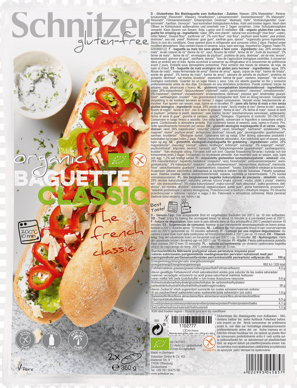 Organic Baguette Classic Schnitzer Gluten, Food, Hot Dog Free Transparent Png