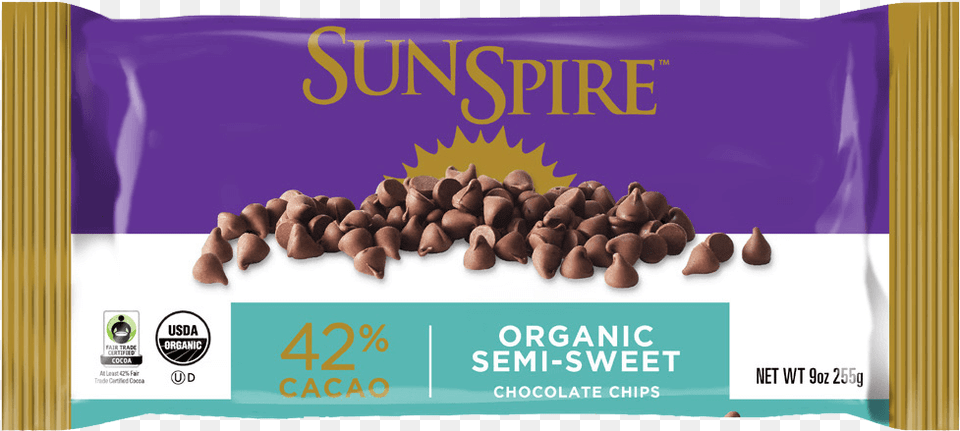 Organic Fair Trade 42 Cacao Semi Sweet Chocolate Chips Sunspire Organic Chocolate Chips, Food, Cocoa, Dessert, Produce Free Png