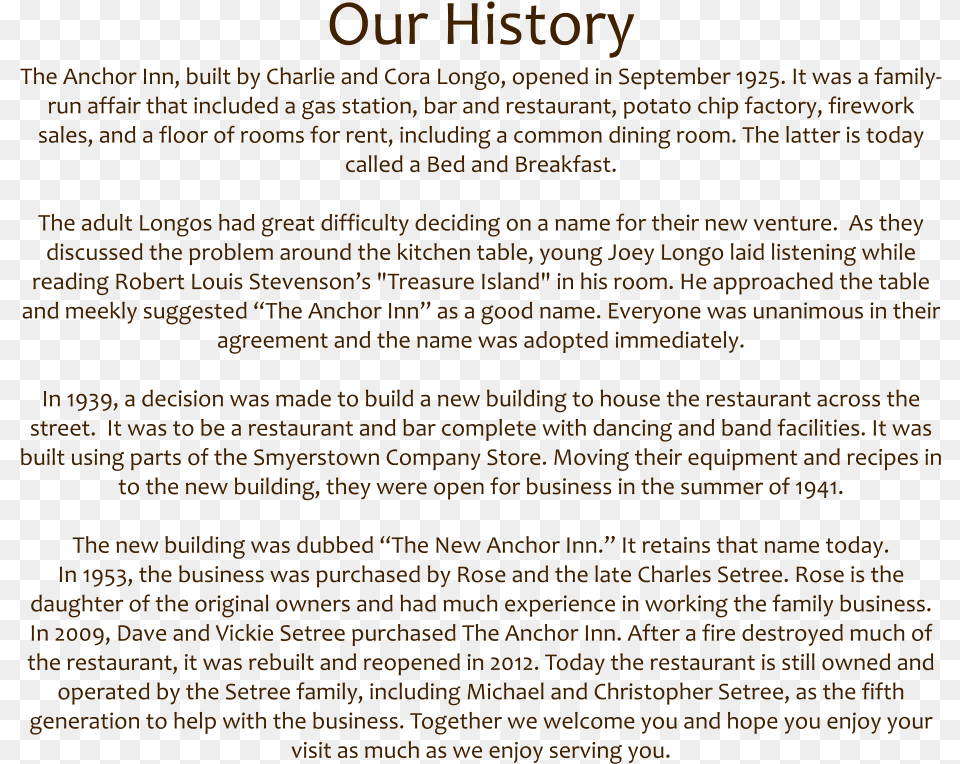 Our History The Anchor Inn Built By Charlie And Cora Document, Text Png Image