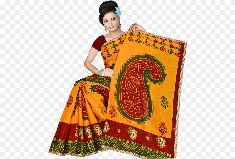 Our Special Cotton Bandhej Saree With Combination Of Silk, Adult, Female, Person, Woman Free Png Download
